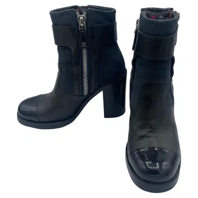 Pre-owned Chanel Black Biker Booties W/paatent Leather Toe, 2000s