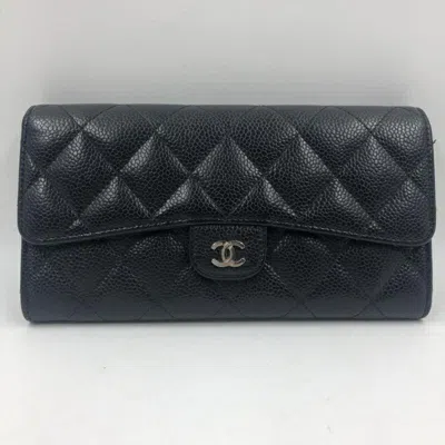 Pre-owned Chanel Black Blue Caviar Leather Long Bill Wallet (bi-fold) () In Black, Blue