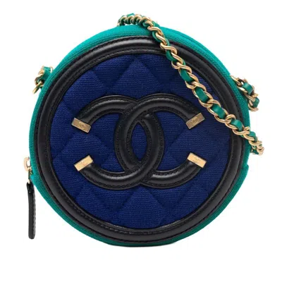 Pre-owned Chanel Black Blue Green Cotton Leather Shoulder Bag ()