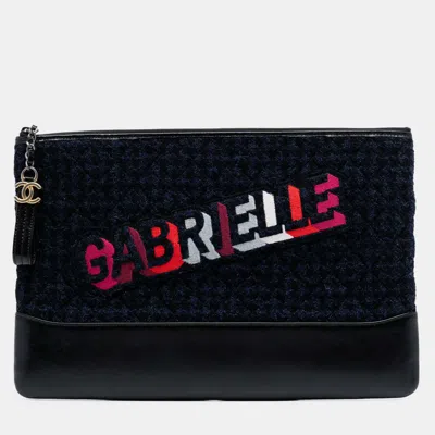 Pre-owned Chanel Black Blue Large Tweed And Calfskin Embroidered Gabrielle O Case Clutch