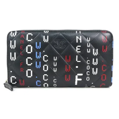 Pre-owned Chanel Black Blue Red Color White Leather Long Wallet (bi-fold) ()