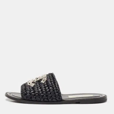 Pre-owned Chanel Black Braided Raffia Crystal Embellished Cc Flat Slides Size 39.5