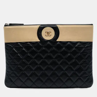 Pre-owned Chanel Black Brown Cc Bicolor Quilted Lambskin Clutch