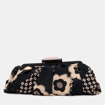 Pre-owned Chanel Black Brown Cc Silk Camellia Frame Clutch