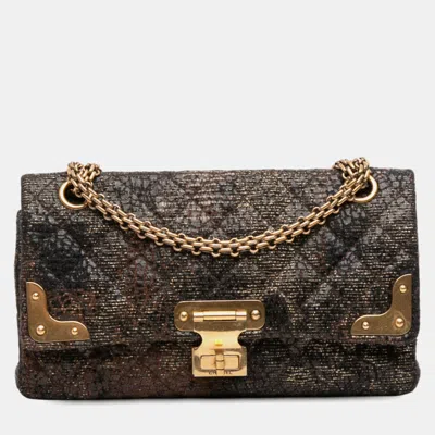 Pre-owned Chanel Black Brown Paris Shanghai 2.55 Icons Lacquered Tweed Double Flap 225