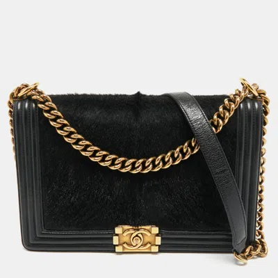 Pre-owned Chanel Black Calf Hair And Leather New Medium Boy Flap Bag