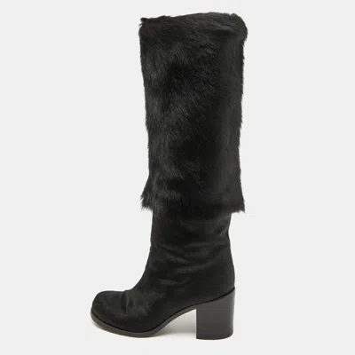 Pre-owned Chanel Black Calf Hair Block Heel Calf Length Boots Size 37