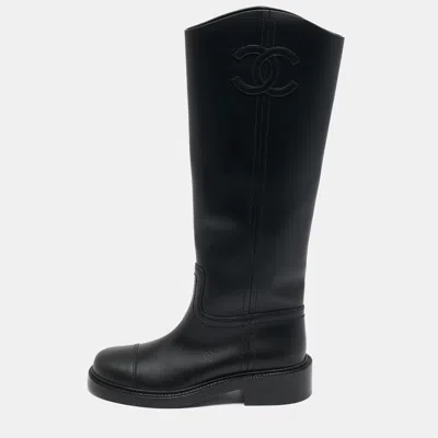Pre-owned Chanel Black Calf Leather Knee Length Boots Size 38.5