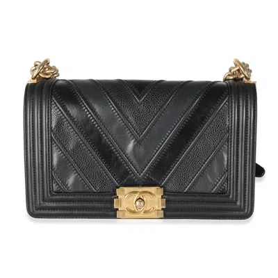 Pre-owned Chanel Black Calfskin Caviar In The Mix Chevron Old Medium Boy Handbag