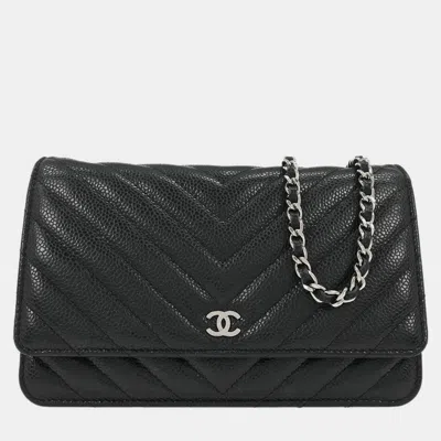 Pre-owned Chanel Black Calfskin Chevron Classic Woc Wallet On Chain