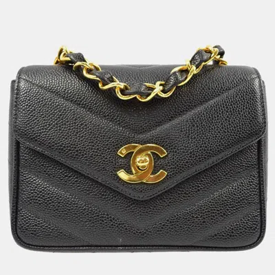 Pre-owned Chanel Black Calfskin Chevron Mini Square Shoulder Bag