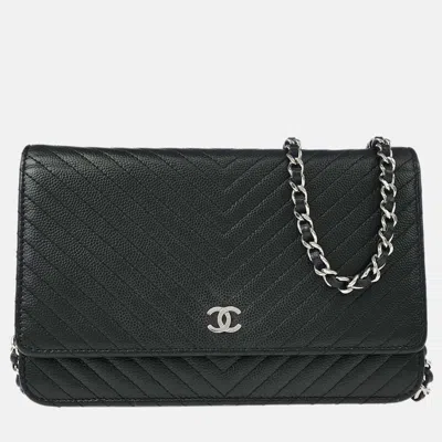 Pre-owned Chanel Black Calfskin Chevron Woc Wallet On Chain Shoulder Bag