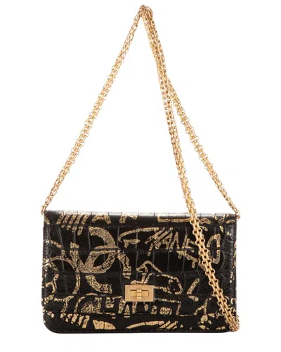 Chanel Black Calfskin Crocodile Embossed Leather 2.55 Graffiti Crocodile  Reissue Wallet On Chain, N