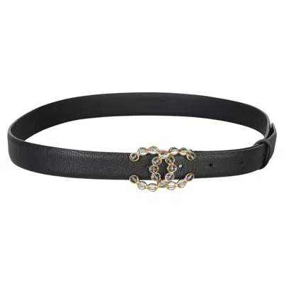 Pre-owned Chanel Black Calfskin Crystal Cc Belt 80/32
