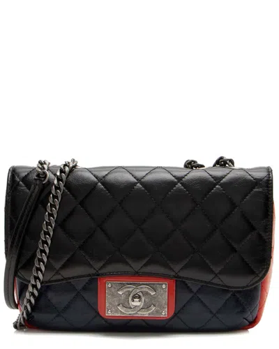 Pre-owned Chanel Black Calfskin Glazed Cc Plate Medium Flap Bag (authentic Pre-loved)