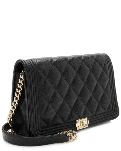 Pre-owned Chanel Black Calfskin Grained Shiny Boy Wallet On Chain (authentic Pre-loved)