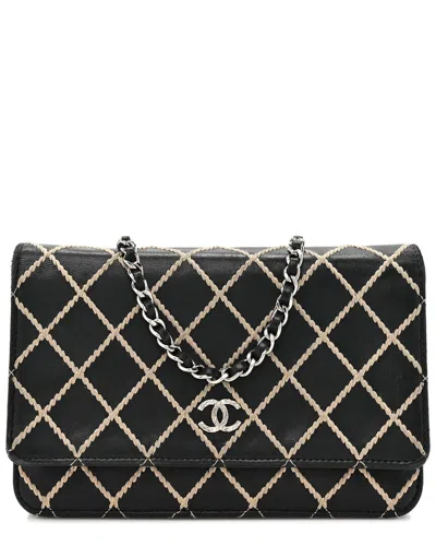 Pre-owned Chanel Black Calfskin Leather Diamond Stitch Wallet On Chain (authentic Pre-  Loved)