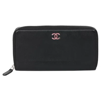 Pre-owned Chanel Black Calfskin Leather Pink Clover Classic Long Zip Wallet