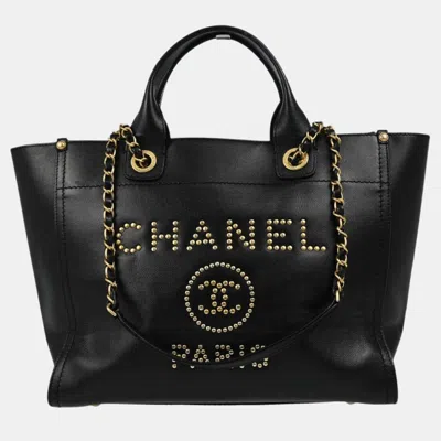 Pre-owned Chanel Black Calfskin Small Deauville Tote Bag