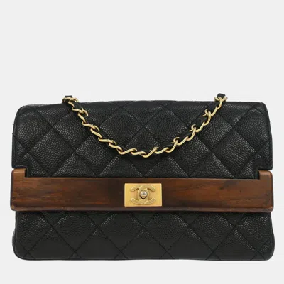 Pre-owned Chanel Black Calfskin Wood Straight Flap Shoulder Bag