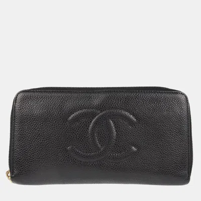 Pre-owned Chanel Black Calfskin Zip Around Long Wallet