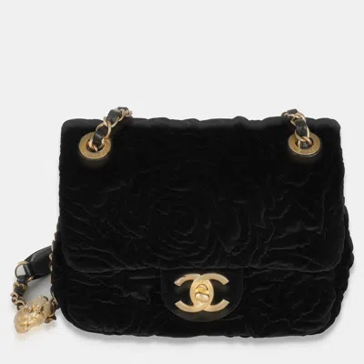 Pre-owned Chanel Black Camellia Embossed Velvet Mini Square Flap Bag