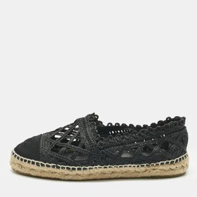 Pre-owned Chanel Black Canvas And Straw Cc Espadrille Flats Size 38