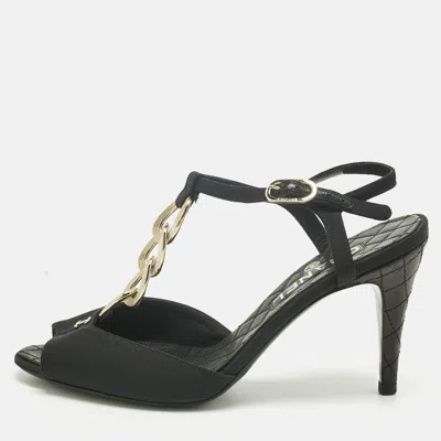 Pre-owned Chanel Black Canvas Chain Ankle Strap Sandals Size 34.5