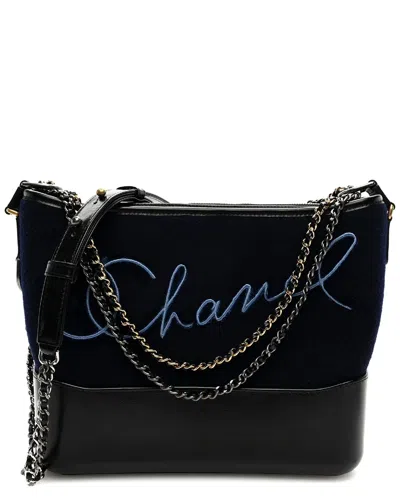 Pre-owned Chanel Black Canvas Embroidered Paris Hamburg Medium Gabrielle Hobo Bag (authentic Pre-loved)