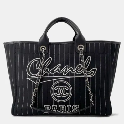 Pre-owned Chanel Black Canvas Square Stitch Medium Deauville Shopping Bag