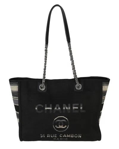 Pre-owned Chanel Black Canvas Striped Small Deauville Shopping Tote (authentic Pre-  Loved)