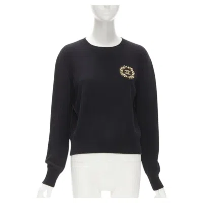 Pre-owned Chanel Black Cashmere Blend Gold Bead Pearl Cc Embellished Badge Sweater Fr42 L