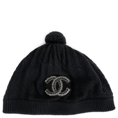 Pre-owned Chanel Black Cashmere Cc Cable Knit Beanie Hat