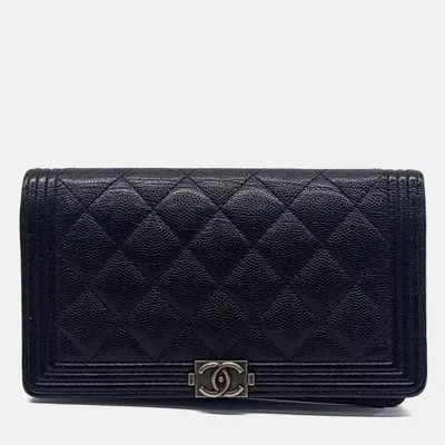 Pre-owned Chanel Black Caviar Boy Long Wallet