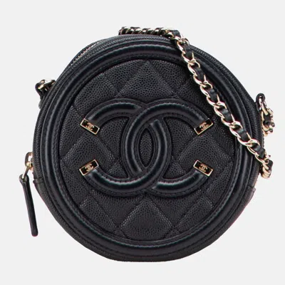 Pre-owned Chanel Black Caviar Cc Filigree Round Clutch With Chain