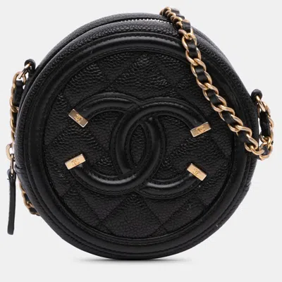 Pre-owned Chanel Black Caviar Cc Filigree Round Clutch With Chain