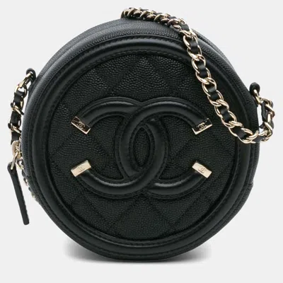 Pre-owned Chanel Black Caviar Cc Filigree Round Clutch With Chain