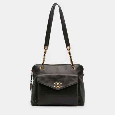 Pre-owned Chanel Black Caviar Front Pocket Chain Tote