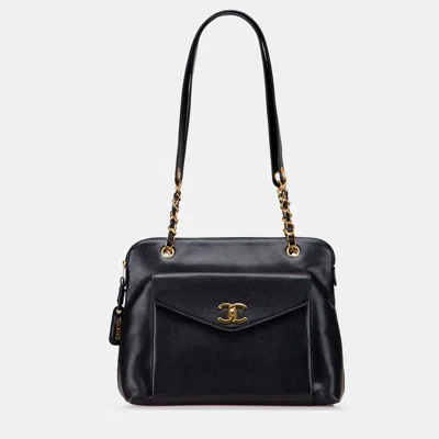 Pre-owned Chanel Black Caviar Front Pocket Chain Tote