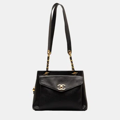 Pre-owned Chanel Black Caviar Front Pocket Chain Tote