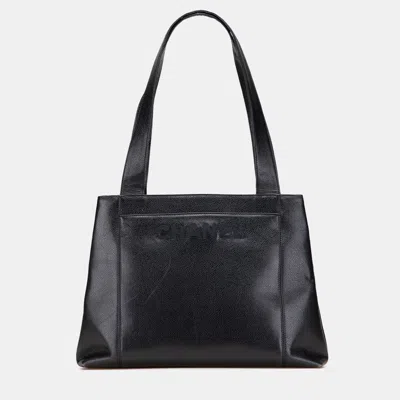 Pre-owned Chanel Black Caviar Lax Embroidered Logo Tote