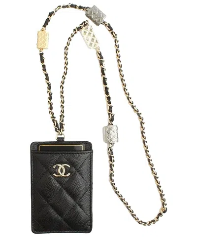 Pre-owned Chanel Black Caviar Leather Card Holder Necklace (authentic Pre-loved)