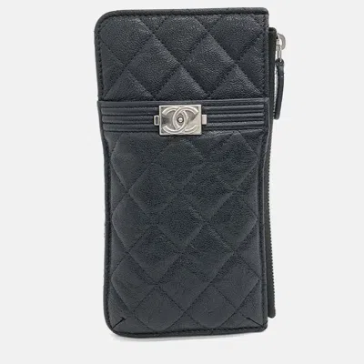 Pre-owned Chanel Black Caviar Leather Caviar Boy Phone Holder And Card Wallet