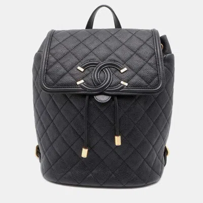 Pre-owned Chanel Black Caviar Leather Cc Filigree Backpack