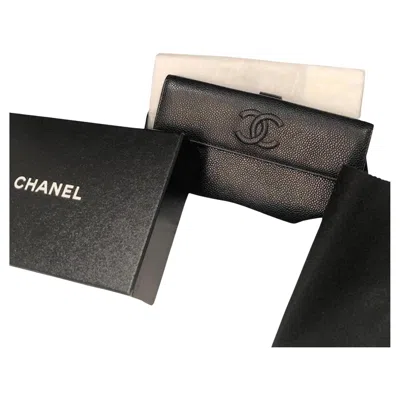Pre-owned Chanel Black Caviar Leather Cc Logo Long Snap Bifold Wallet 2010 W/box
