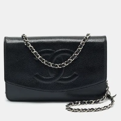 Pre-owned Chanel Black Caviar Leather Cc Timeless Wallet On Chain