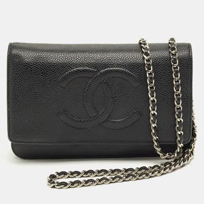 Pre-owned Chanel Black Caviar Leather Cc Wallet On Chain
