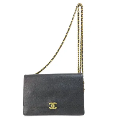 Pre-owned Chanel Black Caviar Leather Chain/shoulder Wallet ()