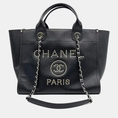 Pre-owned Chanel Black Caviar Leather Deauville Tote And Shoulder Bag