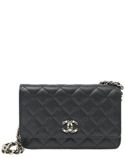 Pre-owned Chanel Black Caviar Leather Shiny Enamel Quilted Cc Wallet On Chain (authentic  Pre-loved)